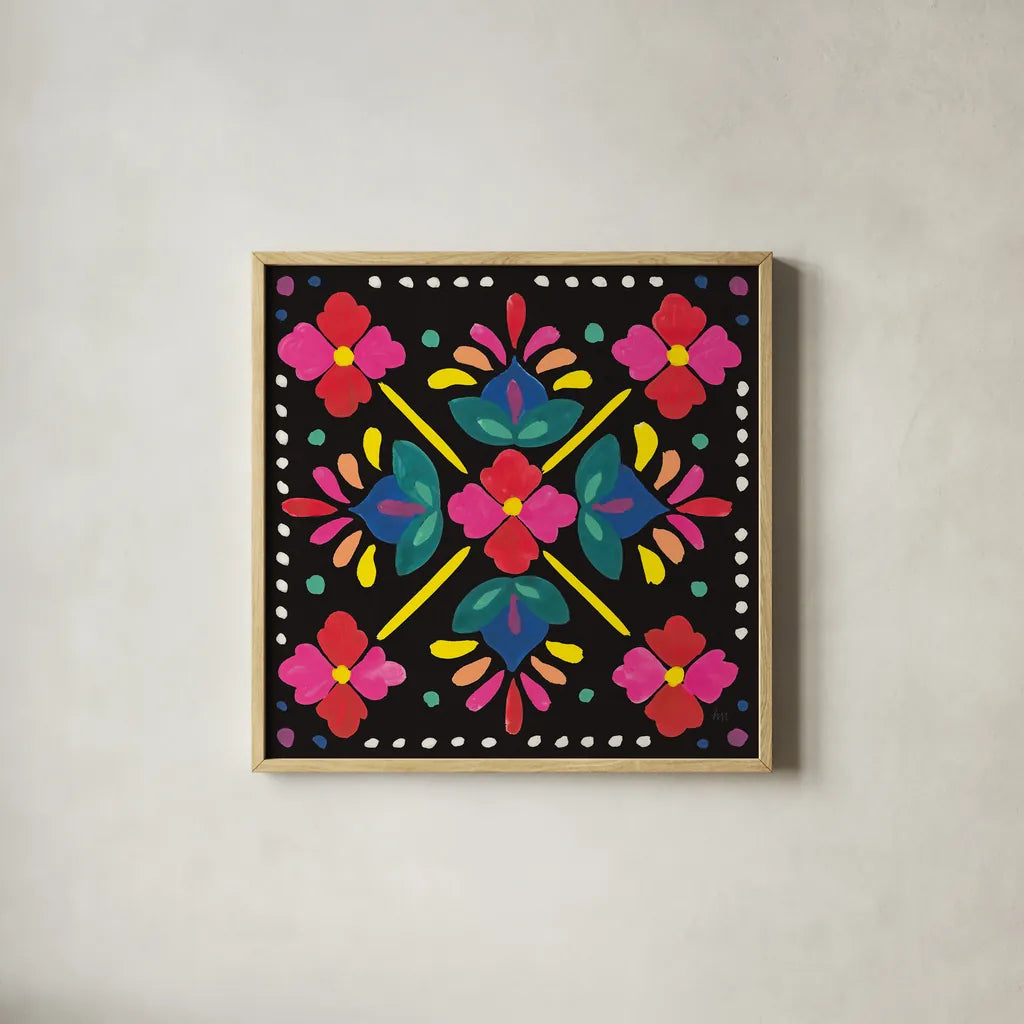 Floral Fiesta Tile I by Laura Marshall. Shown in a natural wood glass frame for a timeless modern aesthetic. Available as an archival giclee rolled canvas, fine art paper, or poster print. SKU 41503a.