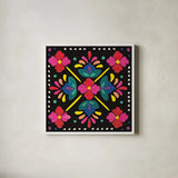 Floral Fiesta Tile I by Laura Marshall. Shown in a crisp white glass frame for a clean and minimalist style. Available as an archival giclee rolled canvas, fine art paper, or poster print. SKU 41503a.
