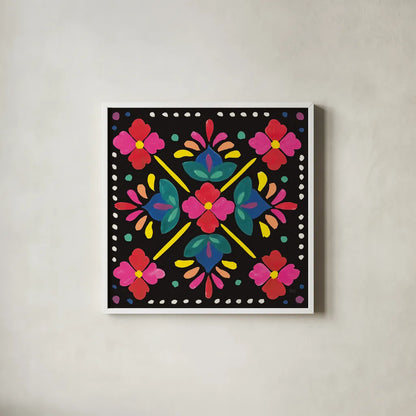 Floral Fiesta Tile I by Laura Marshall. Shown in a crisp white glass frame for a clean and minimalist style. Available as an archival giclee rolled canvas, fine art paper, or poster print. SKU 41503a.