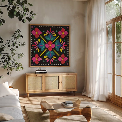 Floral Fiesta Tile I by Laura Marshall. Shown in a natural wood frame in a cozy modern living room. Available as an archival giclee rolled canvas, fine art paper, or poster print. SKU 41503a.