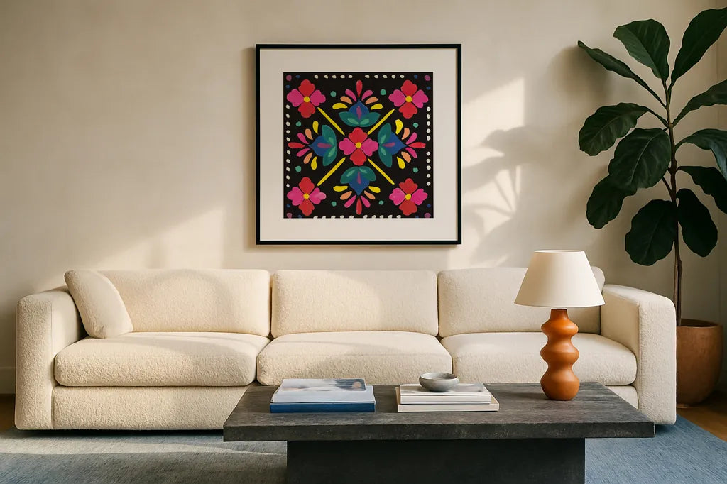 Floral Fiesta Tile I by Laura Marshall. Displayed in a glass frame with matte in a clean modern living room. Available as an archival giclee rolled canvas, fine art paper, or poster print. SKU 41503a.