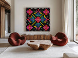 Floral Fiesta Tile I by Laura Marshall. Shown as extra-large giant wall art in a modern living room. Available as an archival giclee rolled canvas, fine art paper, or poster print. SKU 41503a.