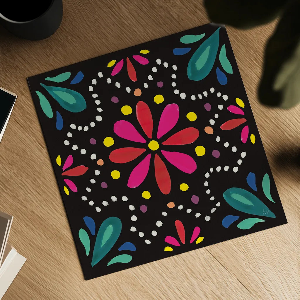 Floral Fiesta Tile II by Laura Marshall. Shown as a detailed flat fine art print, highlighting archival giclee quality. Available as an archival giclee rolled canvas, fine art paper, or poster print. SKU 41504a.