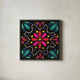 Floral Fiesta Tile II by Laura Marshall. Shown in a sleek black glass frame for a contemporary gallery look. Available as an archival giclee rolled canvas, fine art paper, or poster print. SKU 41504a.