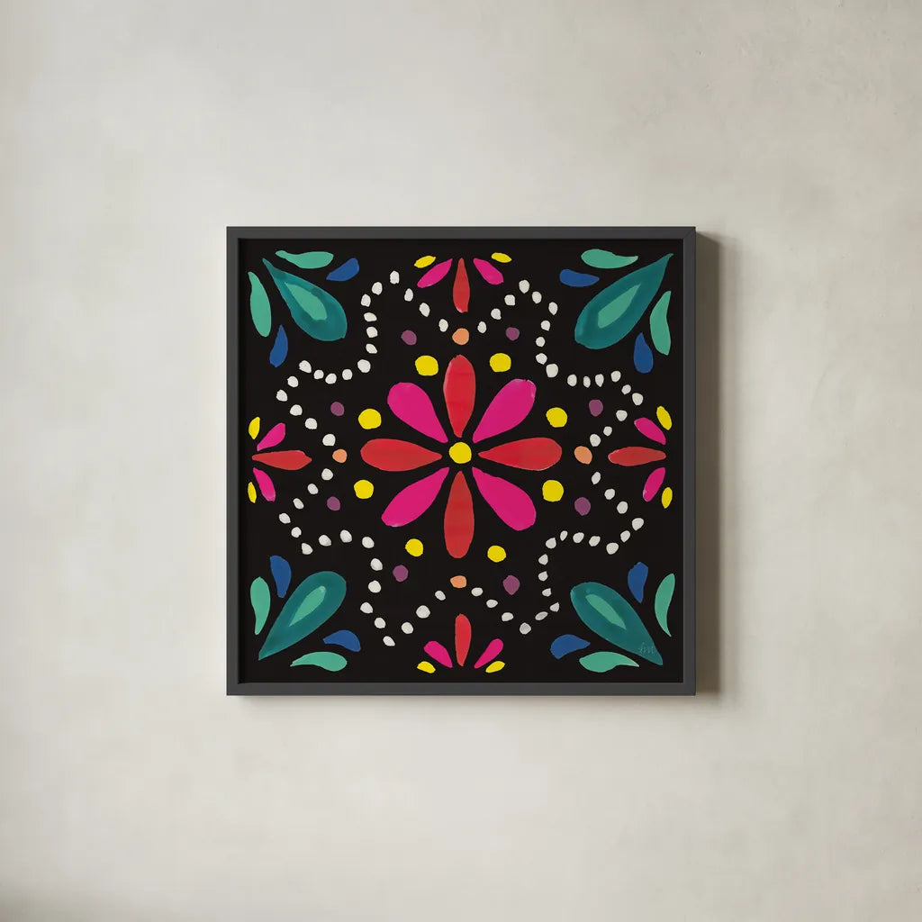 Floral Fiesta Tile II by Laura Marshall. Shown in a sleek black glass frame for a contemporary gallery look. Available as an archival giclee rolled canvas, fine art paper, or poster print. SKU 41504a.