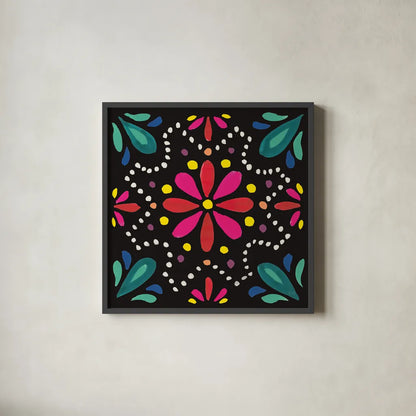 Floral Fiesta Tile II by Laura Marshall. Shown in a sleek black glass frame for a contemporary gallery look. Available as an archival giclee rolled canvas, fine art paper, or poster print. SKU 41504a.