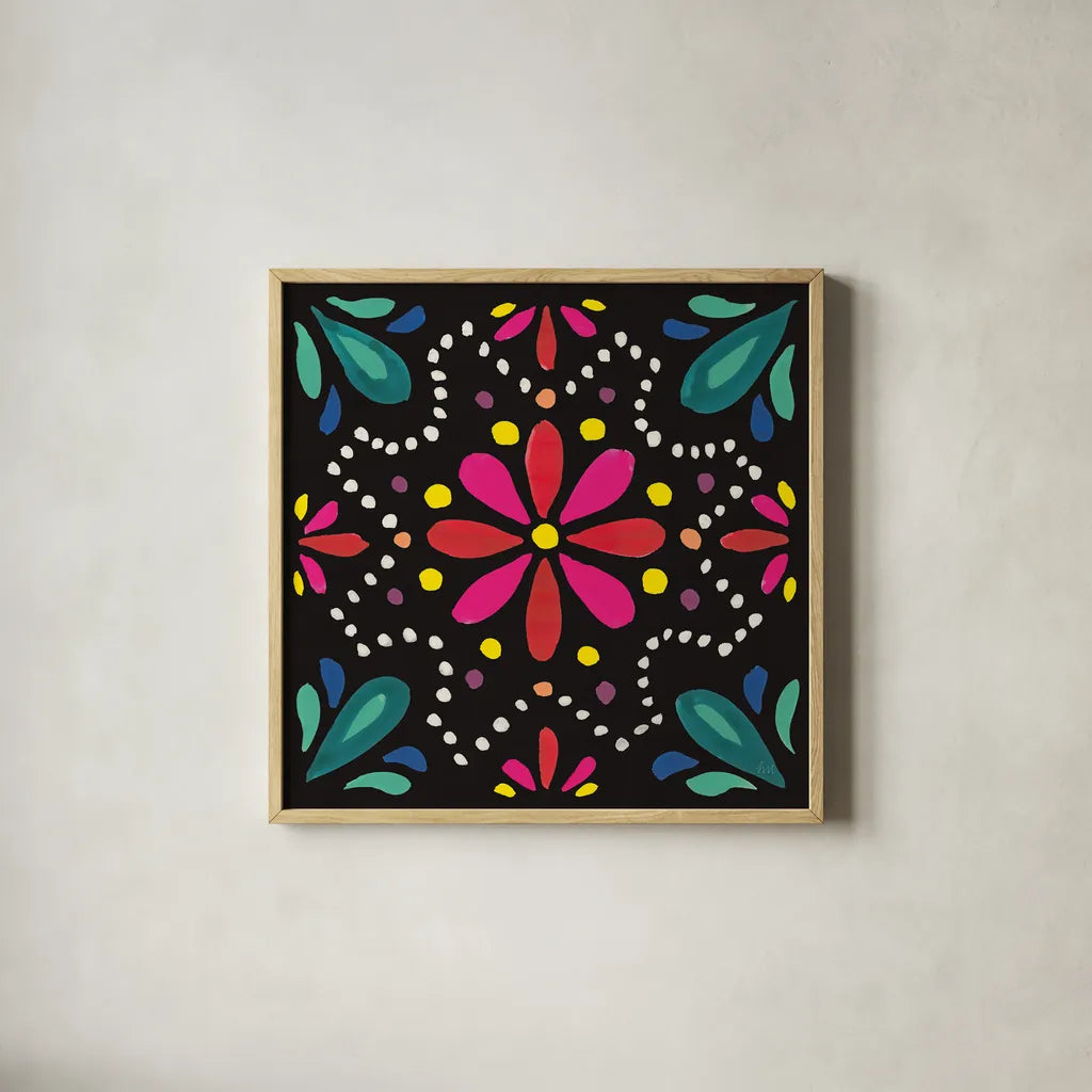 Floral Fiesta Tile II by Laura Marshall. Shown in a natural wood glass frame for a timeless modern aesthetic. Available as an archival giclee rolled canvas, fine art paper, or poster print. SKU 41504a.