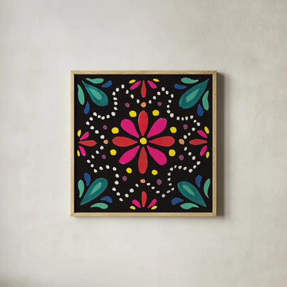 Floral Fiesta Tile II by Laura Marshall. Shown in a natural wood glass frame for a timeless modern aesthetic. Available as an archival giclee rolled canvas, fine art paper, or poster print. SKU 41504a.