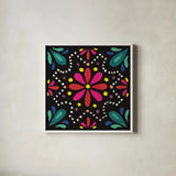 Floral Fiesta Tile II by Laura Marshall. Shown in a crisp white glass frame for a clean and minimalist style. Available as an archival giclee rolled canvas, fine art paper, or poster print. SKU 41504a.