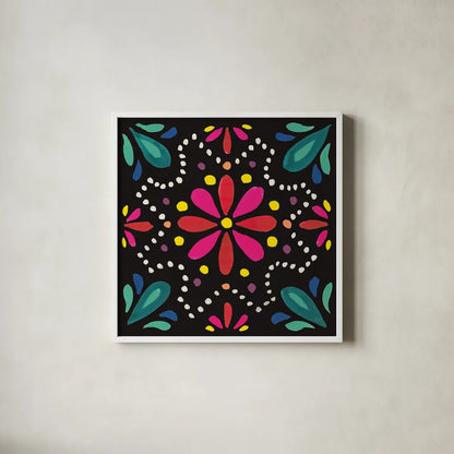 Floral Fiesta Tile II by Laura Marshall. Shown in a crisp white glass frame for a clean and minimalist style. Available as an archival giclee rolled canvas, fine art paper, or poster print. SKU 41504a.