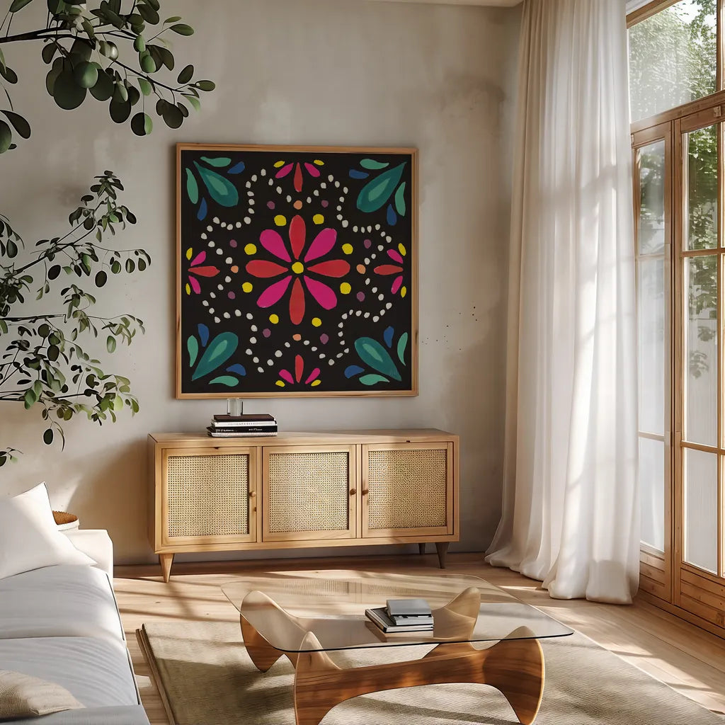 Floral Fiesta Tile II by Laura Marshall. Shown in a natural wood frame in a cozy modern living room. Available as an archival giclee rolled canvas, fine art paper, or poster print. SKU 41504a.