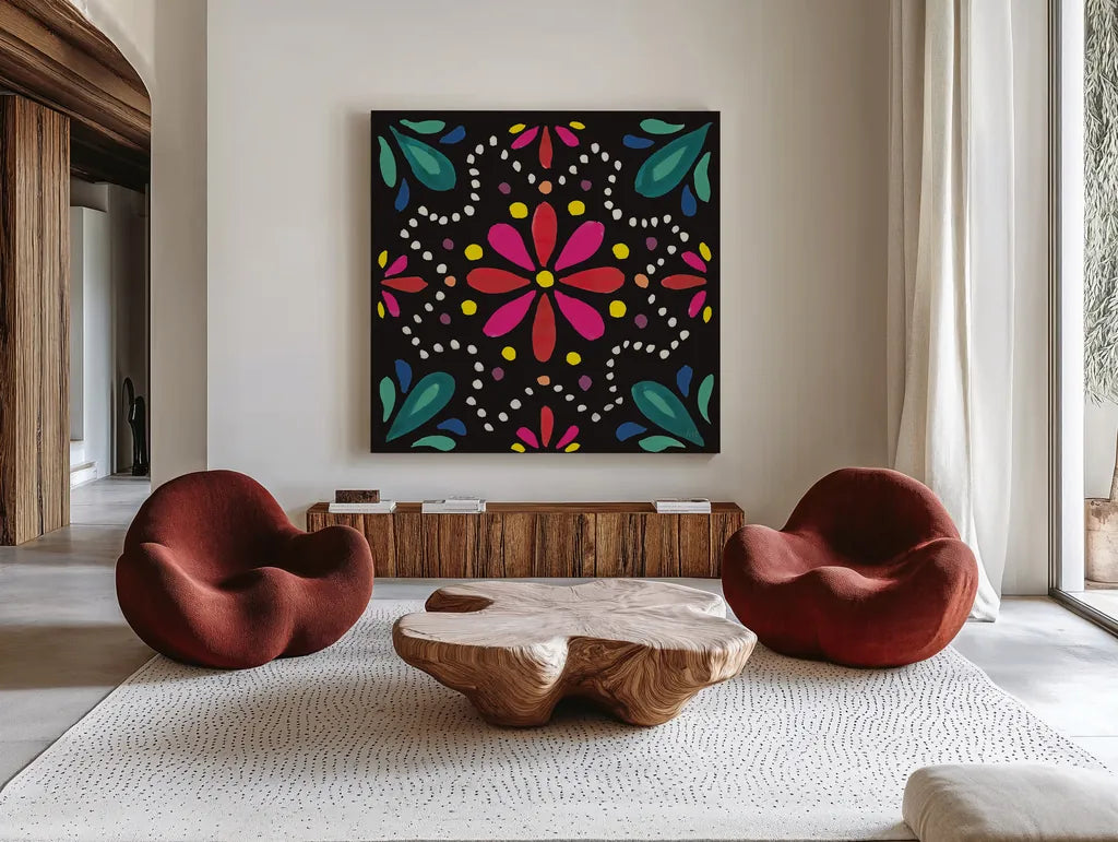 Floral Fiesta Tile II by Laura Marshall. Shown as extra-large giant wall art in a modern living room. Available as an archival giclee rolled canvas, fine art paper, or poster print. SKU 41504a.