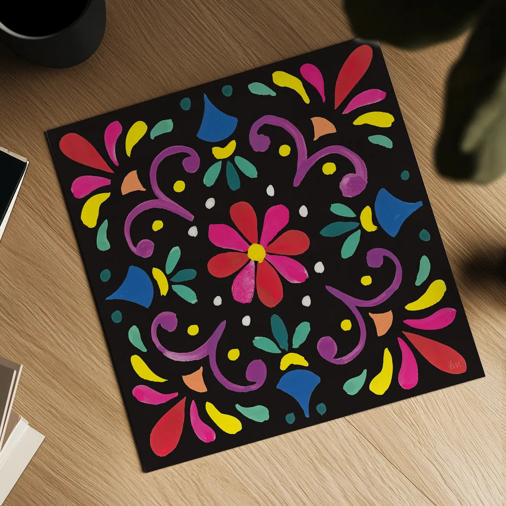 Floral Fiesta Tile III by Laura Marshall. Shown as a detailed flat fine art print, highlighting archival giclee quality. Available as an archival giclee rolled canvas, fine art paper, or poster print. SKU 41505a.
