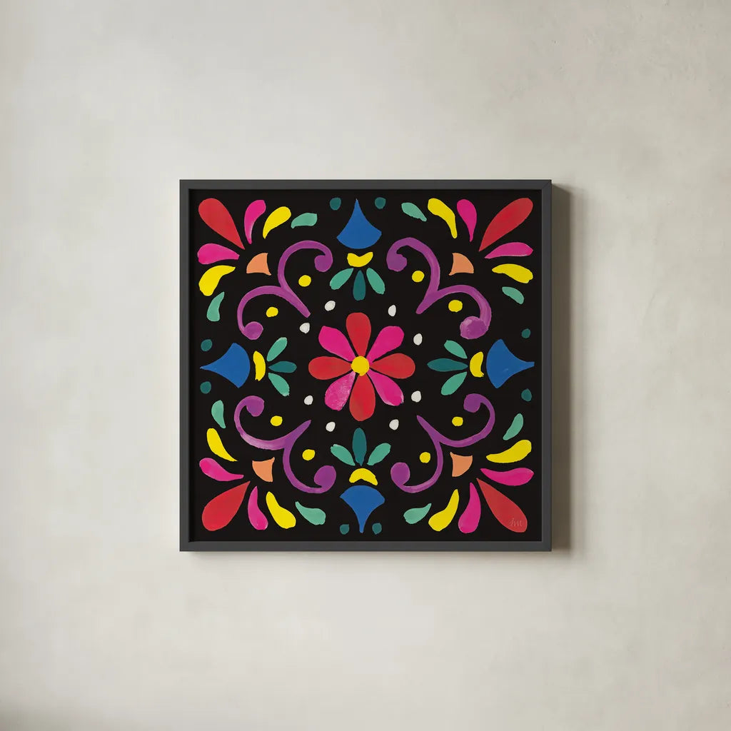 Floral Fiesta Tile III by Laura Marshall. Shown in a sleek black glass frame for a contemporary gallery look. Available as an archival giclee rolled canvas, fine art paper, or poster print. SKU 41505a.