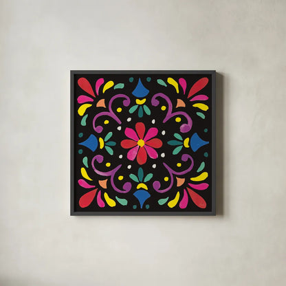 Floral Fiesta Tile III by Laura Marshall. Shown in a sleek black glass frame for a contemporary gallery look. Available as an archival giclee rolled canvas, fine art paper, or poster print. SKU 41505a.