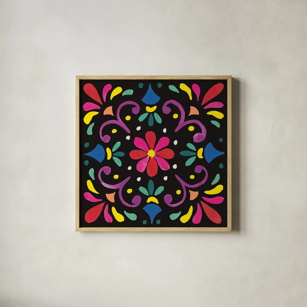 Floral Fiesta Tile III by Laura Marshall. Shown in a natural wood glass frame for a timeless modern aesthetic. Available as an archival giclee rolled canvas, fine art paper, or poster print. SKU 41505a.