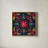 Floral Fiesta Tile III by Laura Marshall. Shown in a natural wood glass frame for a timeless modern aesthetic. Available as an archival giclee rolled canvas, fine art paper, or poster print. SKU 41505a.