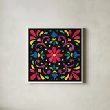Floral Fiesta Tile III by Laura Marshall. Shown in a crisp white glass frame for a clean and minimalist style. Available as an archival giclee rolled canvas, fine art paper, or poster print. SKU 41505a.