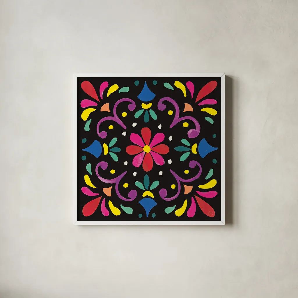 Floral Fiesta Tile III by Laura Marshall. Shown in a crisp white glass frame for a clean and minimalist style. Available as an archival giclee rolled canvas, fine art paper, or poster print. SKU 41505a.