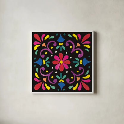 Floral Fiesta Tile III by Laura Marshall. Shown in a crisp white glass frame for a clean and minimalist style. Available as an archival giclee rolled canvas, fine art paper, or poster print. SKU 41505a.