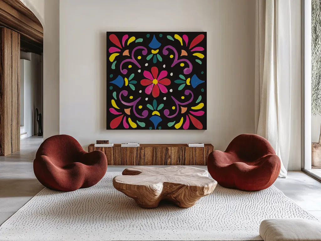 Floral Fiesta Tile III by Laura Marshall. Shown as extra-large giant wall art in a modern living room. Available as an archival giclee rolled canvas, fine art paper, or poster print. SKU 41505a.