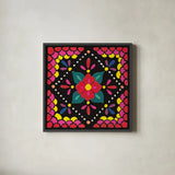 Floral Fiesta Tile IV by Laura Marshall. Shown in a sleek black glass frame for a contemporary gallery look. Available as an archival giclee rolled canvas, fine art paper, or poster print. SKU 41506a.