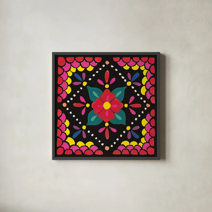 Floral Fiesta Tile IV by Laura Marshall. Shown in a sleek black glass frame for a contemporary gallery look. Available as an archival giclee rolled canvas, fine art paper, or poster print. SKU 41506a.