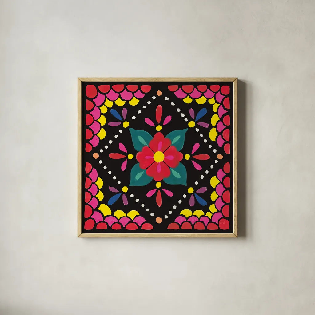 Floral Fiesta Tile IV by Laura Marshall. Shown in a natural wood glass frame for a timeless modern aesthetic. Available as an archival giclee rolled canvas, fine art paper, or poster print. SKU 41506a.