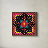 Floral Fiesta Tile IV by Laura Marshall. Shown in a natural wood glass frame for a timeless modern aesthetic. Available as an archival giclee rolled canvas, fine art paper, or poster print. SKU 41506a.