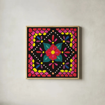 Floral Fiesta Tile IV by Laura Marshall. Shown in a natural wood glass frame for a timeless modern aesthetic. Available as an archival giclee rolled canvas, fine art paper, or poster print. SKU 41506a.