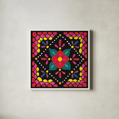 Floral Fiesta Tile IV by Laura Marshall. Shown in a crisp white glass frame for a clean and minimalist style. Available as an archival giclee rolled canvas, fine art paper, or poster print. SKU 41506a.