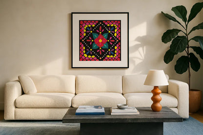 Floral Fiesta Tile IV by Laura Marshall. Displayed in a glass frame with matte in a clean modern living room. Available as an archival giclee rolled canvas, fine art paper, or poster print. SKU 41506a.