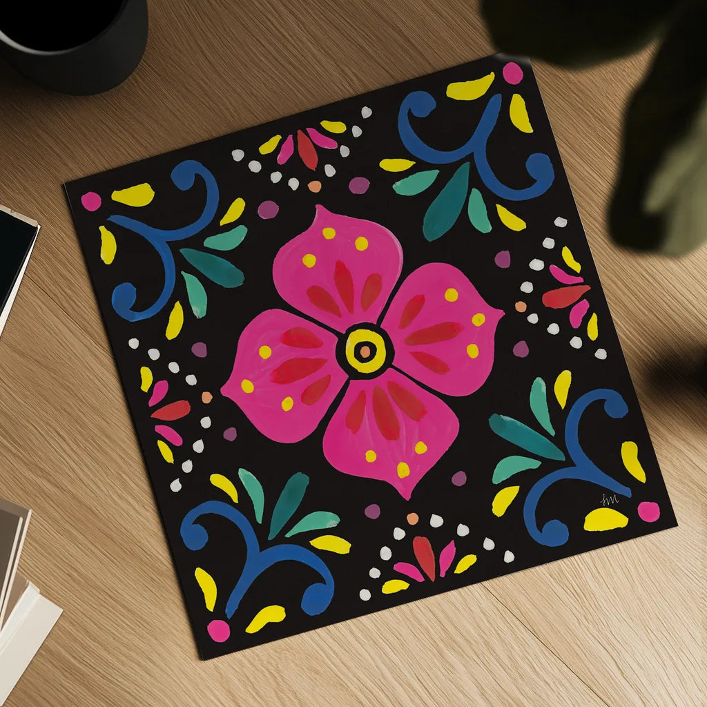 Floral Fiesta Tile IX by Laura Marshall. Shown as a detailed flat fine art print, highlighting archival giclee quality. Available as an archival giclee rolled canvas, fine art paper, or poster print. SKU 41511a.