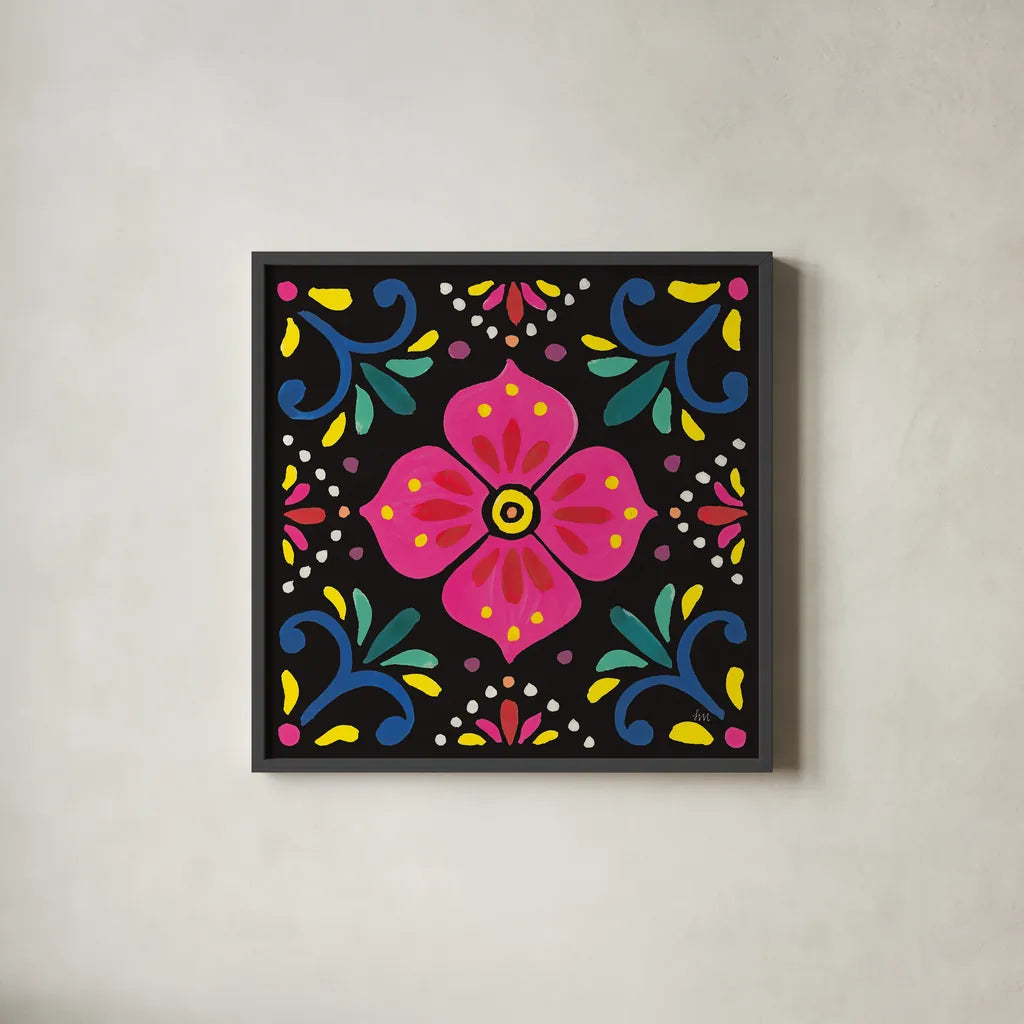 Floral Fiesta Tile IX by Laura Marshall. Shown in a sleek black glass frame for a contemporary gallery look. Available as an archival giclee rolled canvas, fine art paper, or poster print. SKU 41511a.