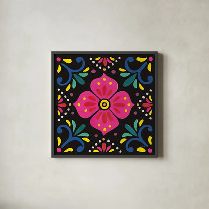 Floral Fiesta Tile IX by Laura Marshall. Shown in a sleek black glass frame for a contemporary gallery look. Available as an archival giclee rolled canvas, fine art paper, or poster print. SKU 41511a.