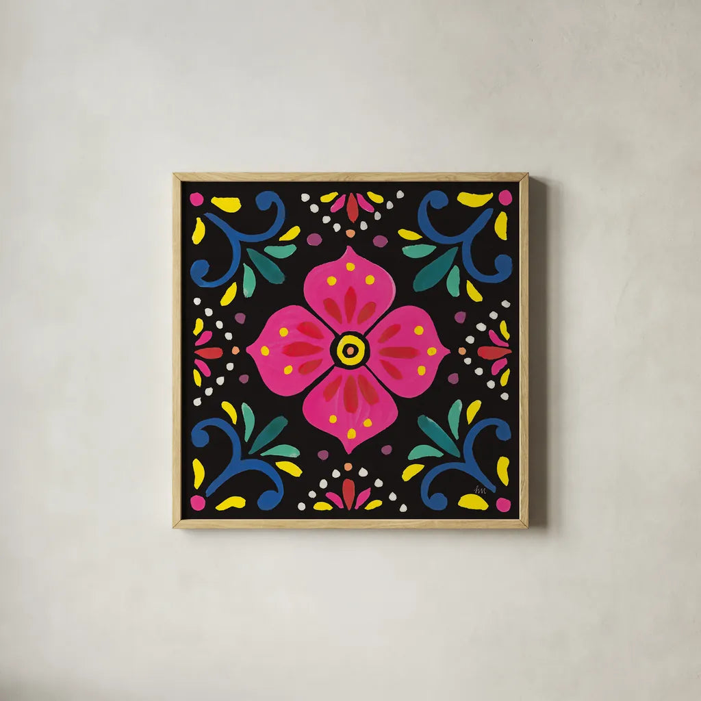 Floral Fiesta Tile IX by Laura Marshall. Shown in a natural wood glass frame for a timeless modern aesthetic. Available as an archival giclee rolled canvas, fine art paper, or poster print. SKU 41511a.