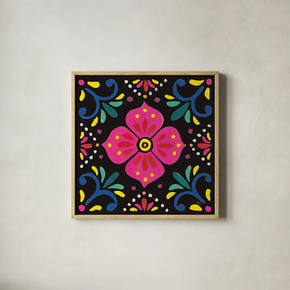 Floral Fiesta Tile IX by Laura Marshall. Shown in a natural wood glass frame for a timeless modern aesthetic. Available as an archival giclee rolled canvas, fine art paper, or poster print. SKU 41511a.