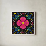 Floral Fiesta Tile IX by Laura Marshall. Shown in a crisp white glass frame for a clean and minimalist style. Available as an archival giclee rolled canvas, fine art paper, or poster print. SKU 41511a.