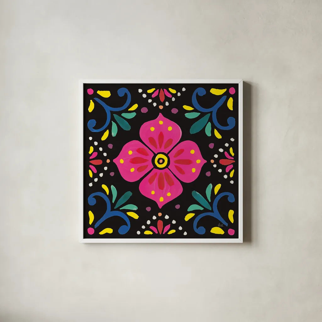 Floral Fiesta Tile IX by Laura Marshall. Shown in a crisp white glass frame for a clean and minimalist style. Available as an archival giclee rolled canvas, fine art paper, or poster print. SKU 41511a.