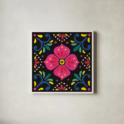 Floral Fiesta Tile IX by Laura Marshall. Shown in a crisp white glass frame for a clean and minimalist style. Available as an archival giclee rolled canvas, fine art paper, or poster print. SKU 41511a.
