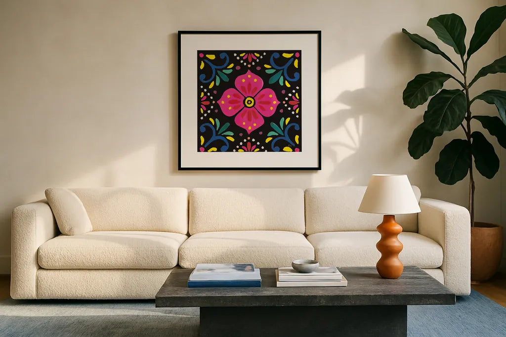 Floral Fiesta Tile IX by Laura Marshall. Displayed in a glass frame with matte in a clean modern living room. Available as an archival giclee rolled canvas, fine art paper, or poster print. SKU 41511a.