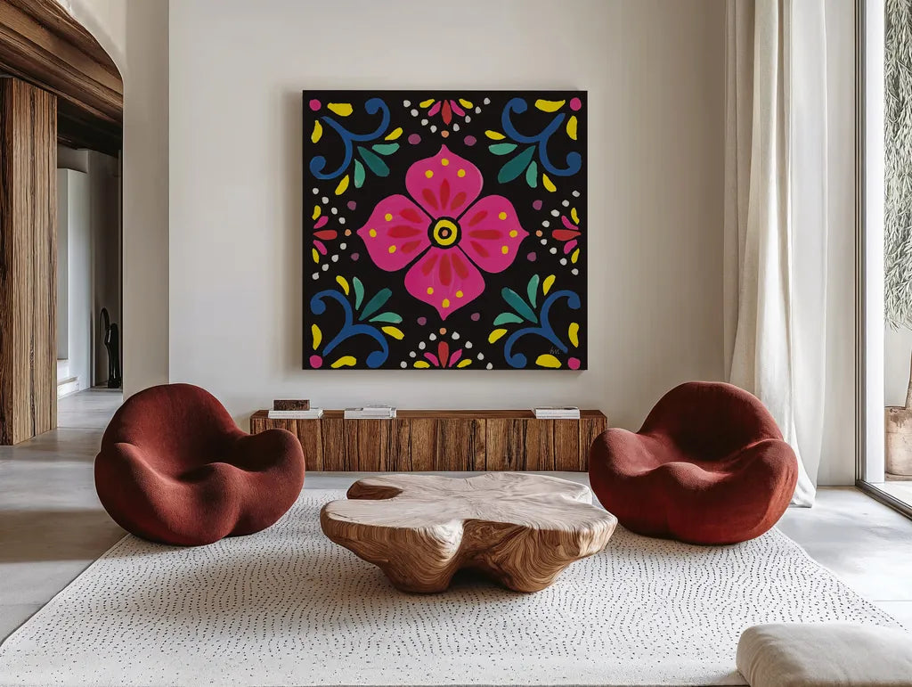 Floral Fiesta Tile IX by Laura Marshall. Shown as extra-large giant wall art in a modern living room. Available as an archival giclee rolled canvas, fine art paper, or poster print. SKU 41511a.