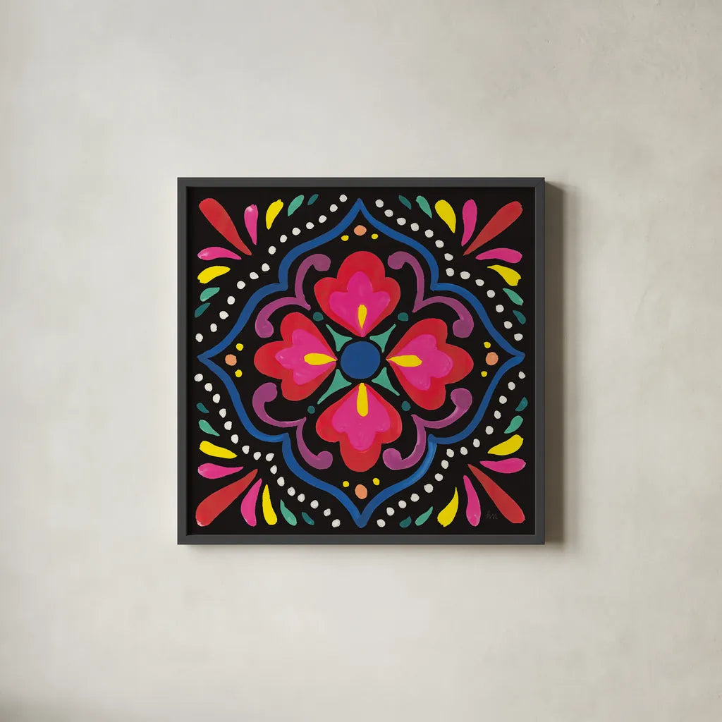 Floral Fiesta Tile V by Laura Marshall. Shown in a sleek black glass frame for a contemporary gallery look. Available as an archival giclee rolled canvas, fine art paper, or poster print. SKU 41507a.