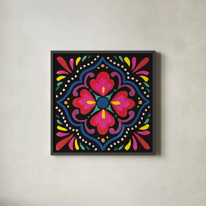 Floral Fiesta Tile V by Laura Marshall. Shown in a sleek black glass frame for a contemporary gallery look. Available as an archival giclee rolled canvas, fine art paper, or poster print. SKU 41507a.