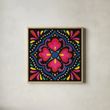 Floral Fiesta Tile V by Laura Marshall. Shown in a natural wood glass frame for a timeless modern aesthetic. Available as an archival giclee rolled canvas, fine art paper, or poster print. SKU 41507a.