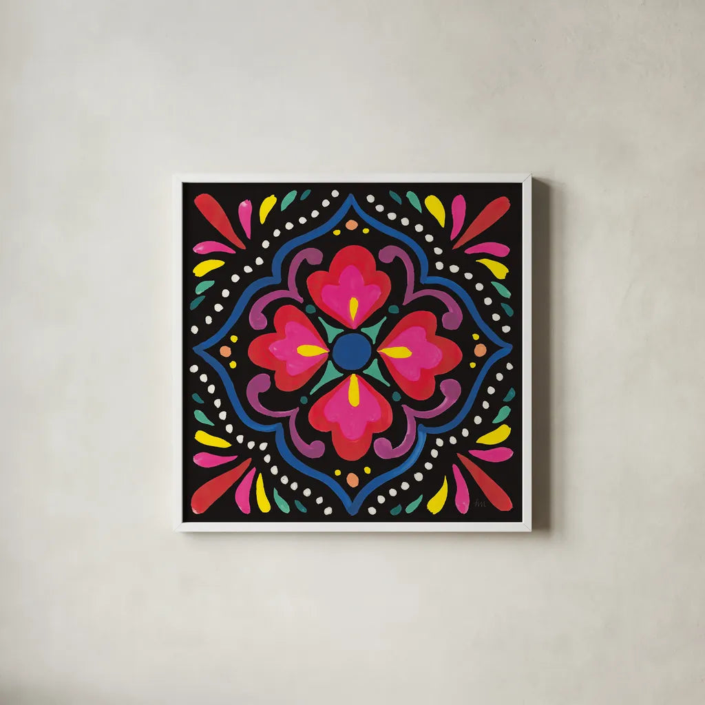 Floral Fiesta Tile V by Laura Marshall. Shown in a crisp white glass frame for a clean and minimalist style. Available as an archival giclee rolled canvas, fine art paper, or poster print. SKU 41507a.