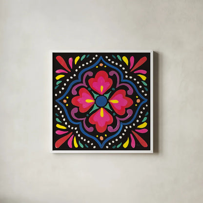 Floral Fiesta Tile V by Laura Marshall. Shown in a crisp white glass frame for a clean and minimalist style. Available as an archival giclee rolled canvas, fine art paper, or poster print. SKU 41507a.