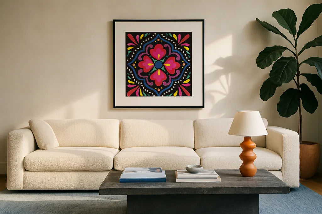 Floral Fiesta Tile V by Laura Marshall. Displayed in a glass frame with matte in a clean modern living room. Available as an archival giclee rolled canvas, fine art paper, or poster print. SKU 41507a.