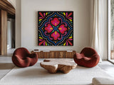 Floral Fiesta Tile V by Laura Marshall. Shown as extra-large giant wall art in a modern living room. Available as an archival giclee rolled canvas, fine art paper, or poster print. SKU 41507a.