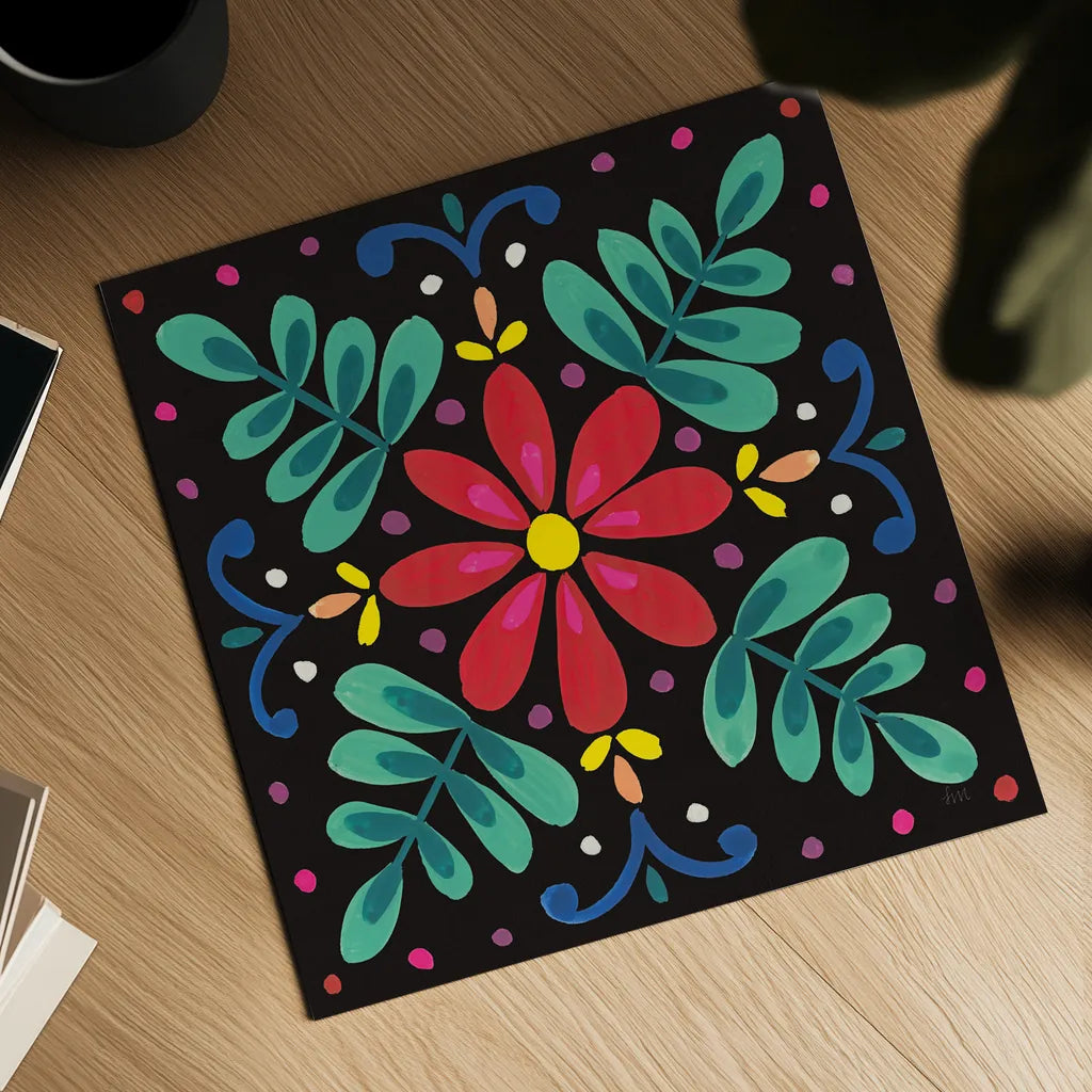 Floral Fiesta Tile VI by Laura Marshall. Shown as a detailed flat fine art print, highlighting archival giclee quality. Available as an archival giclee rolled canvas, fine art paper, or poster print. SKU 41508a.